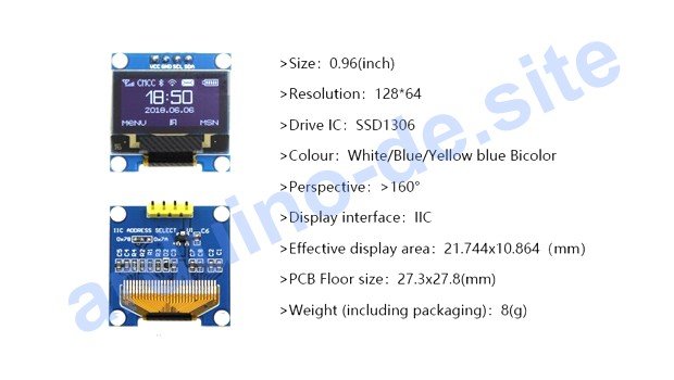 OLED Display 128×64 Arduino pinout, datasheet