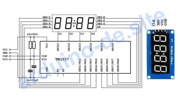 TM1637 4 Digit 7-Segment Display pinout, datasheet